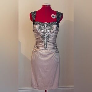 Ruched and bejeweled bodice cocktail dress